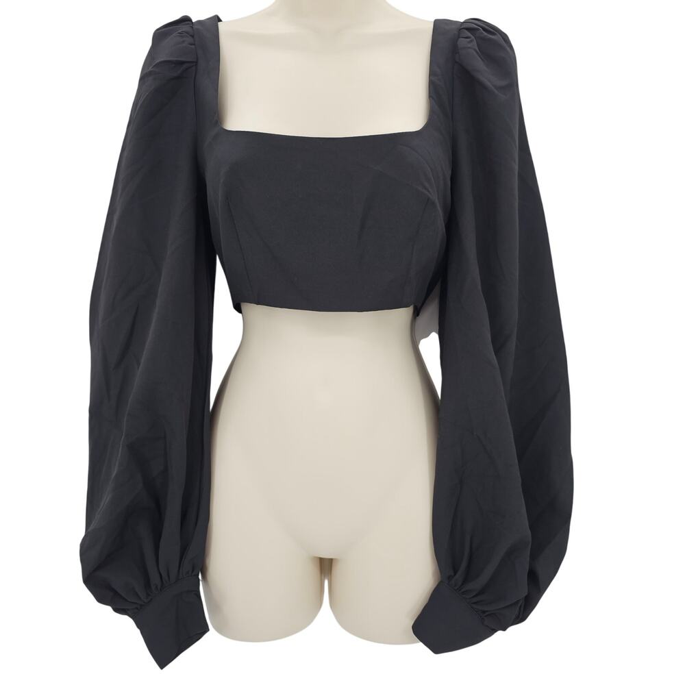 Naked Wardrobe Womans size M The Statement Crop Puff Sleeve Blouse Black NEW